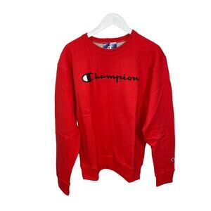 Champion Powerblend Fleece Crew Neck Sweatshirt Red Scrip Logo Men Medium NWT